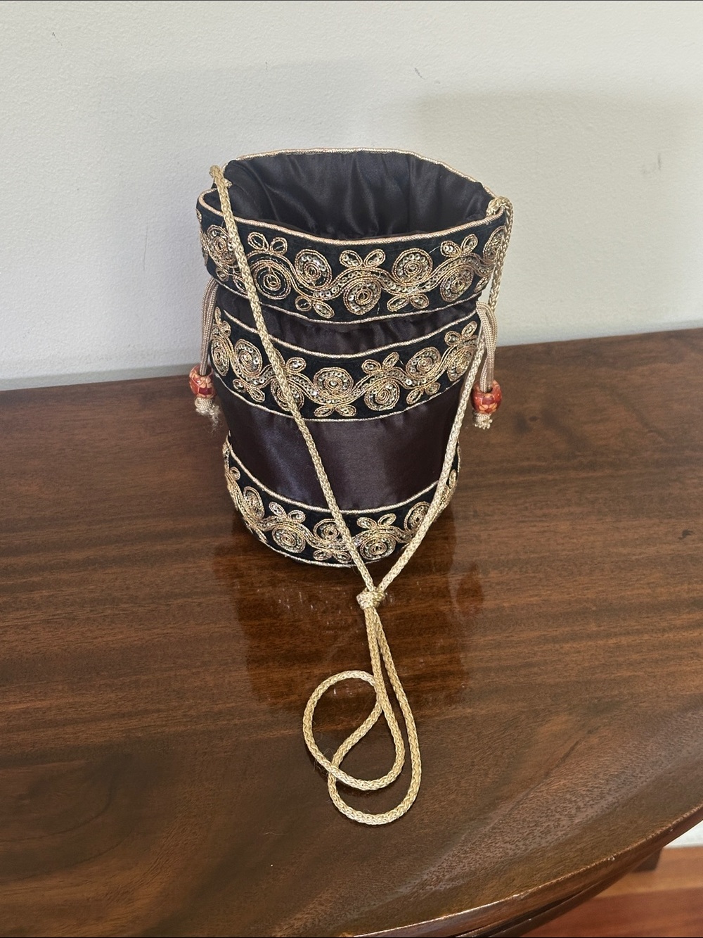 Embellished Black Satin Drawstring Bucket Bag - See Video!